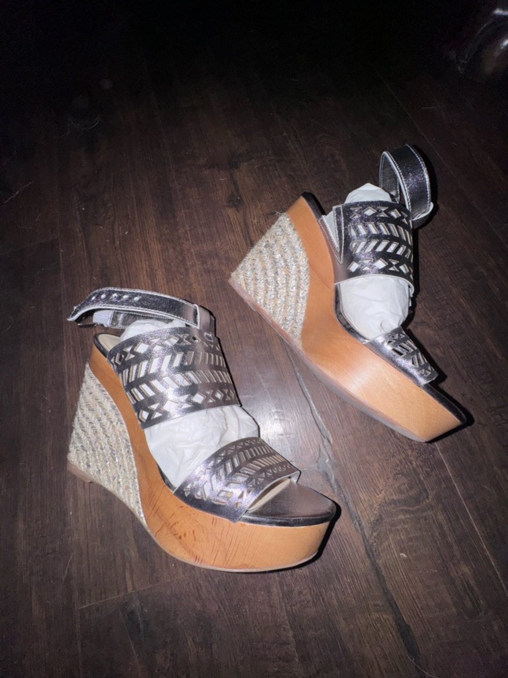Lauren Ralph Lauren Metallic Pewter Woven-Strap Espadrille Wedges